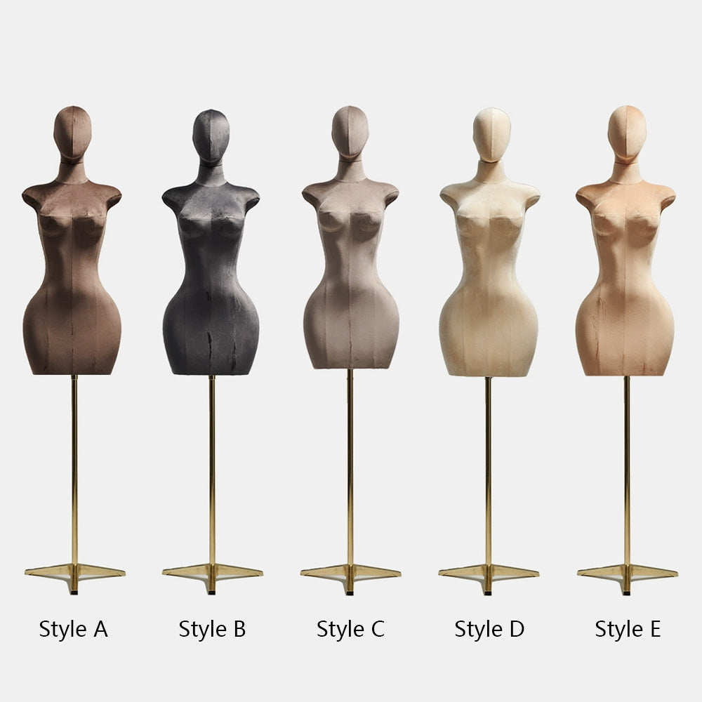 DE-LIANG Maniquí femenino de lujo de talla grande con brazos dorados, maniquí de torso de gamuza rosa, modelo de exhibición de torso de maniquí de talla grande