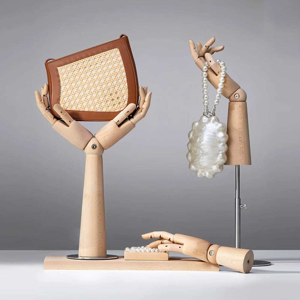 Wooden Hand Mannequin,Multifunction Female Hand for bag jewelry sunglasses necklace hat Wig display, Raw Beech Wood Color with/without Base DL2420 DE-LIANG