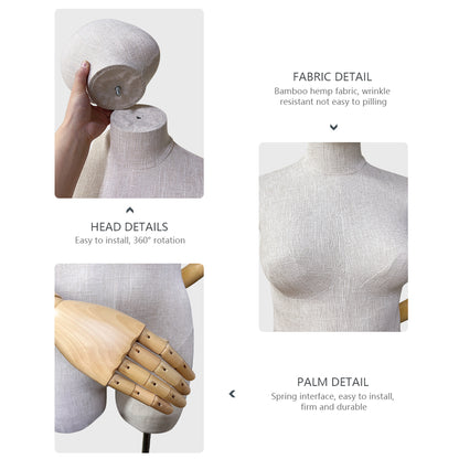 Adult Female Plus Size Torso Mannequin,Half Body Mannequin Torso,Bamboo Linen Fabric Clothing Dress Form,Adult Props with Wooden Arms,Mannequin for Cloth Window Display DE-LIANG