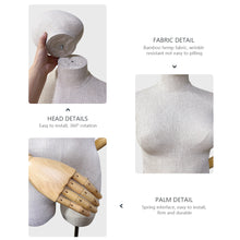 Load image into Gallery viewer, Adult Female Plus Size Torso Mannequin,Half Body Display Dummy,Bamboo Linen Fabric Clothing Dress Form,Adult Props with Wooden Arms,Mannequin for Cloth Window Display
