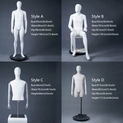 DE-LIANG Male Full & Half Body Mannequin Set | White Fiberglass Dress Form Display with Adjustable Wooden Arms | Standing & Sitting Male Mannequin for Clothing Store Window Display