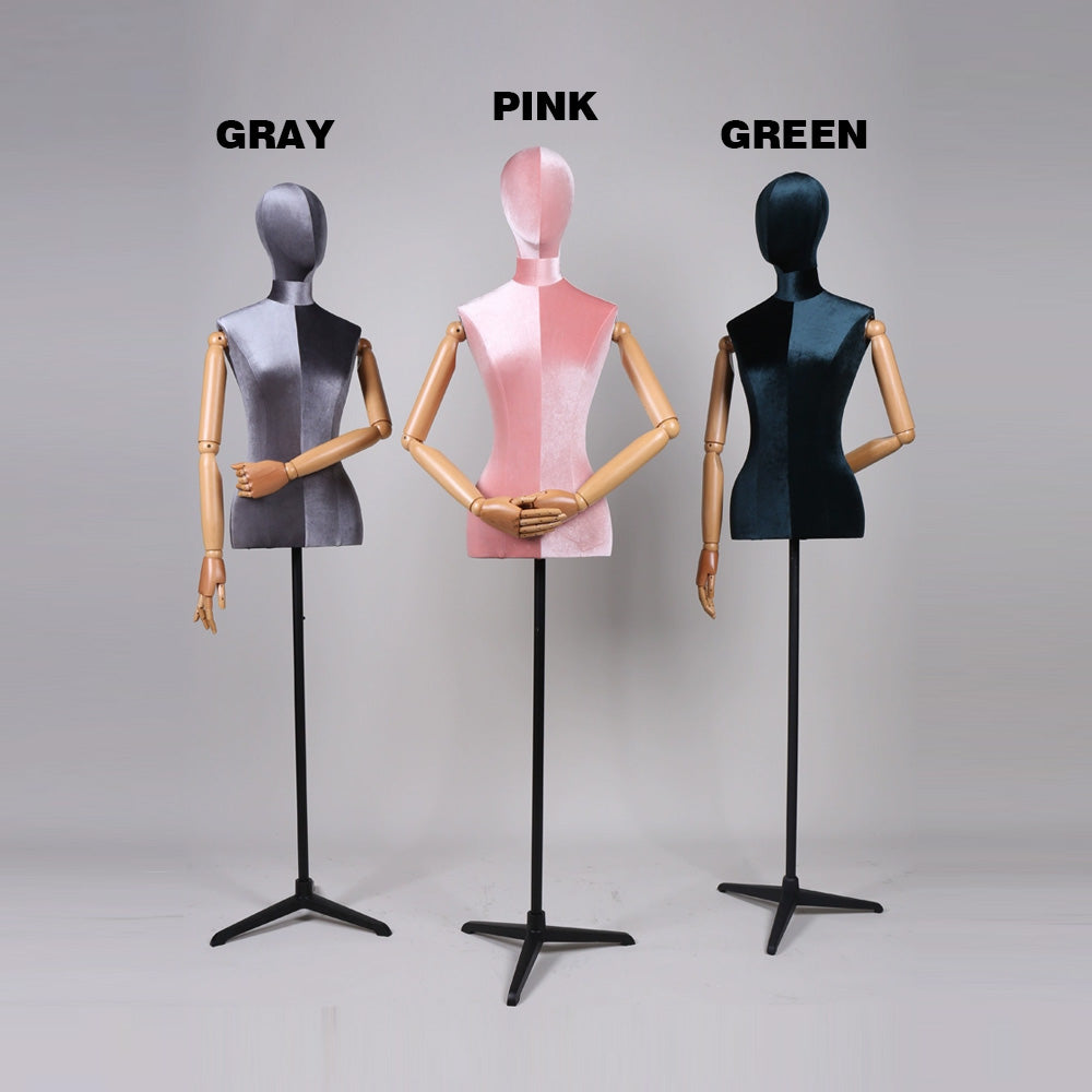 Half Body Velvet Display Mannequin Torso Female, Velvet Fabric Display Dress form Model for Boutique Display,Manikin Torso with Flexible Arm