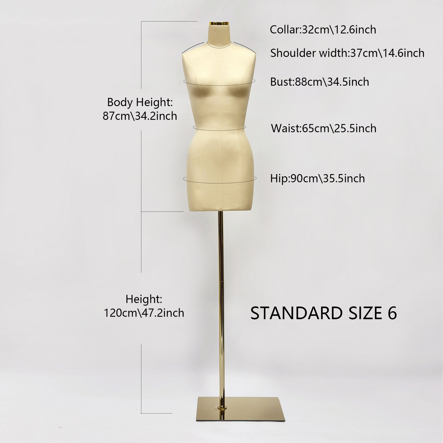 DE-LIANG Female Headless Dress Form, Fiberglass Cotton Linen Fabric Full Body Sewing Mannequin Tailor Dress Form, Adult Mannequin Torso With Golden Square Metal Base, No Logo