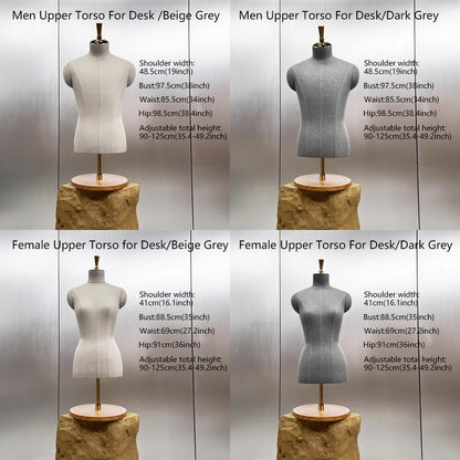 Luxury Clothing Store Female/Male Half Body Mannequin,Gray Dress Form Fabric Suit Pants Rack Display,Half Body Torso With Golden Cross Base