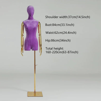 DE-LIANG Velvet Female Half Body Mannequin With Head,Adjustable Display Mannequin with Plated Golden Arms,Pink Color Women Torso Dress Form for Window Clothes Display,Boutique