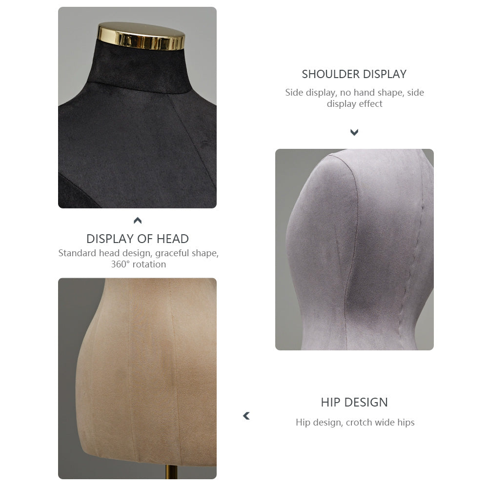 DE-LIANG Curvy Style Female Half Body Suede Velvet Display Mannequin,Slim Waist Dressform,Big Hip Wide Shoulder Model,Can Fully Pinnable DE-LIANG