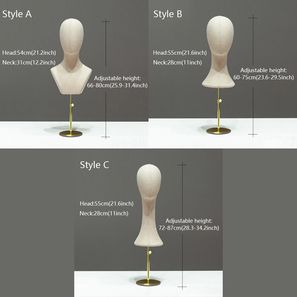 DE-LIANG Fully Pinnable Linen Mannequins Head,Bamboo linen Display Manikin Head Stand With Golden Round Base, Detachable Adjustable Heigh Pole