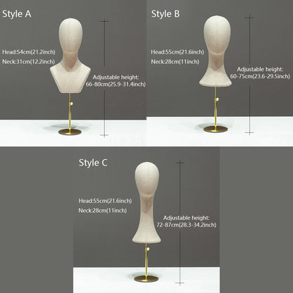 DE-LIANG Fully Pinnable Linen Mannequins Head,Bamboo linen Display Manikin Head Stand With Golden Round Base, Detachable Adjustable Heigh Pole