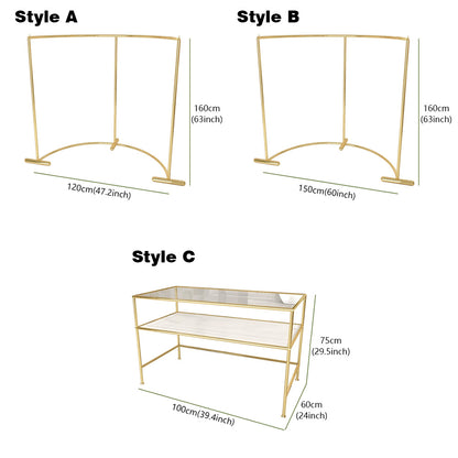 Arc Clothing display stand, Titanium Gold Stainless Steel Floor Apparel Clothes Hanger,Island Table Display Shelves , Glass Desk Displ Stand - De-Liang Dress Forms