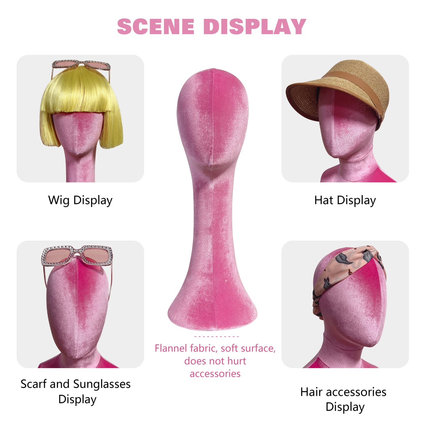 Luxurious Pink Velvet Head Model, Fully Pinnable Cloth Head Mannequin, Head Hat Stand/Display, lace Head Wig Stand, Hat Rack w/ Fabric DLA45-VPK/DLA38-VPK/DLA50-VPK