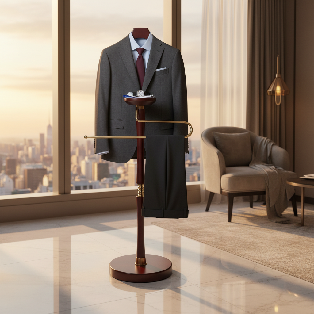 DE-LIANG Solid Wood Suit Valet Stand - Luxury Coat Hanger Rack with Brass Accents