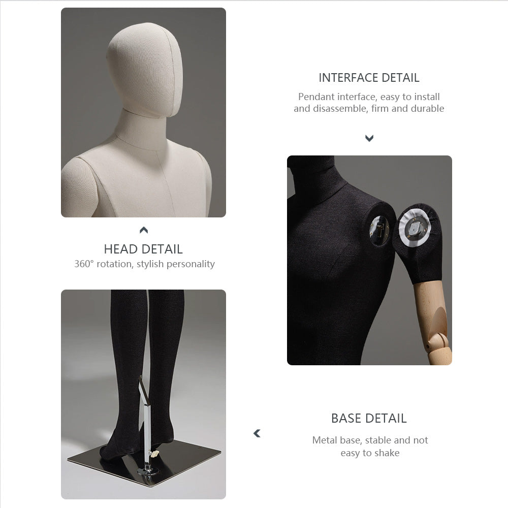 Luxury Linen Male Full Body Mannequin,Black/White Standing Dress From Torso,Display Model with Wooden Arms for Clothing,Dress Display DE-LIANG