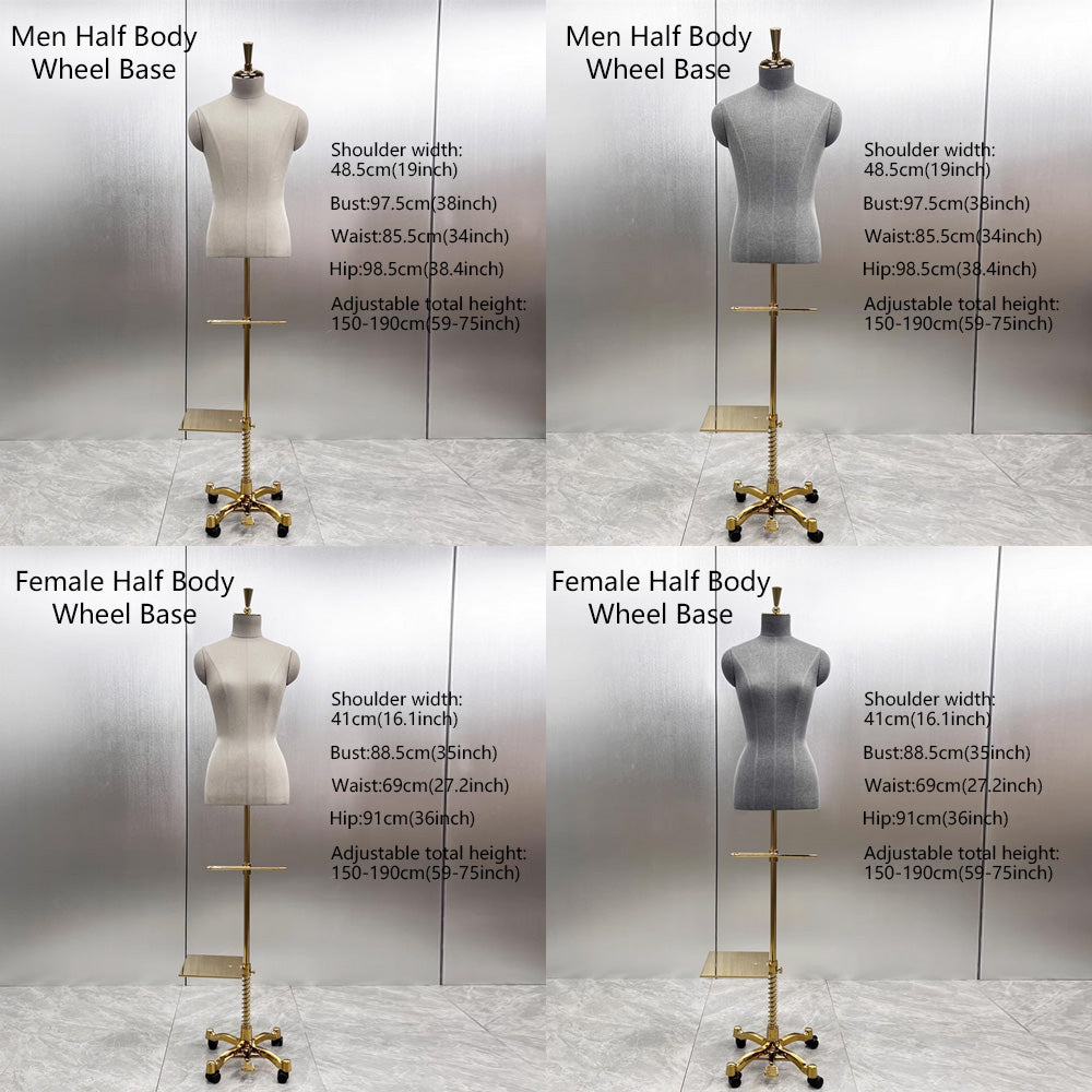 Luxury Clothing Store Female/Male Half Body Mannequin,Gray Dress Form Fabric Suit Pants Rack Display,Half Body Torso With Golden Cross Base