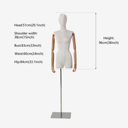 DE-LIANG Female Half Body Mannequin with Head & Wooden Arms | White Silk Cloth Display Torso | Silver Square Base for Clothing Store & Window Display