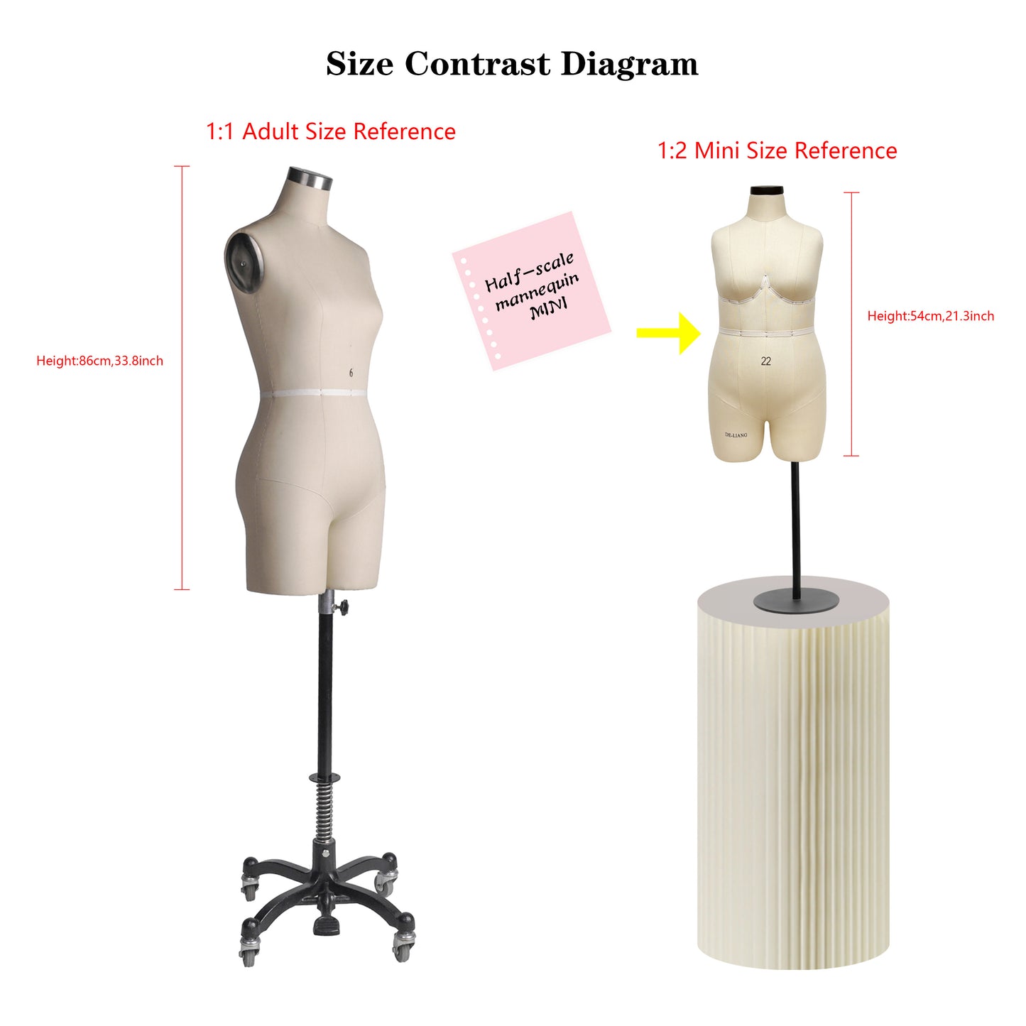 DE-LIANG Half Scale Dress Form,Miniature Sewing Half Size Mannequin,Female Scale Dressmaker Dummy Design,Education Pattern Model, Size 22(NOT ADULT FULL SIZE)