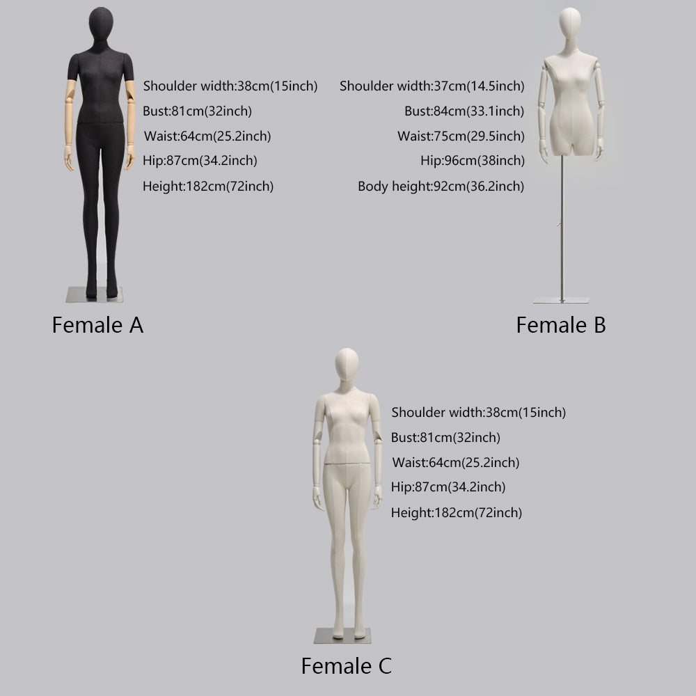 Luxury Linen Female Full Body Mannequin,Black/White Standing Dress From Torso,Display Model with Wooden Arms for Clothing,Dress Display