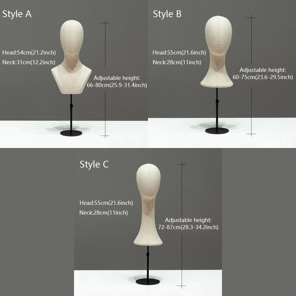DE-LIANG Fully Pinnable Linen Mannequins Head,Bamboo linen Display Manikin Head Stand With Golden Round Base, Detachable Adjustable Heigh Pole