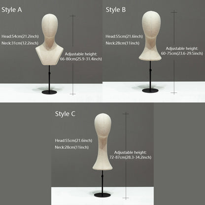DE-LIANG Fully Pinnable Linen Mannequins Head,Bamboo linen Display Manikin Head Stand With Golden Round Base, Detachable Adjustable Heigh Pole