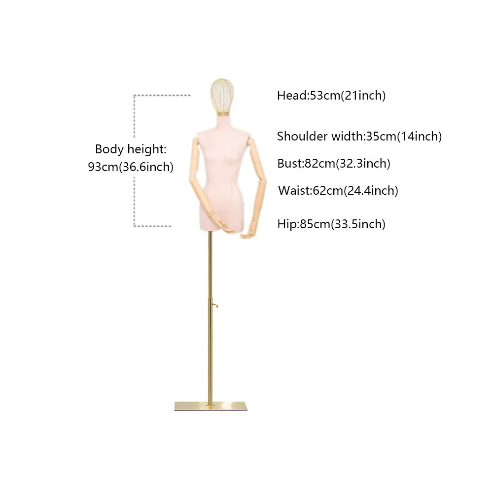 DE-LIANG Female Suede Mannequin With Golden Metal Head, Elegant Female Half Body Clothing Rack For Fashioin Store, Apparel Hanger Dummy DL0062 DE-LIANG