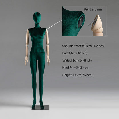 Female Full Body Mannequin In Stand,Colorful Velvet Fabric Display Dress form Model for Boutique Display, Manikin Torso with Wooden Arm DL0063 De-Liang Dress Forms