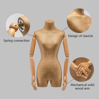 Female Half Body Mannequin, Clothing Display Model Body Stand,Paper Torso Dress Form,Wooden Arms and Base for Clothing/Dress Store Display, DE-LIANG