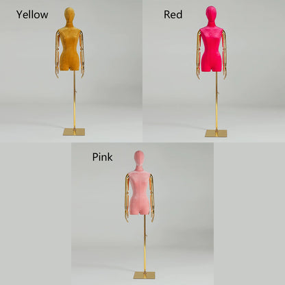 DE-LIANG Velvet Female Half Body Mannequin With Head,Adjustable Display Mannequin with Plated Golden Arms,Pink Color Women Torso Dress Form for Window Clothes Display,Boutique