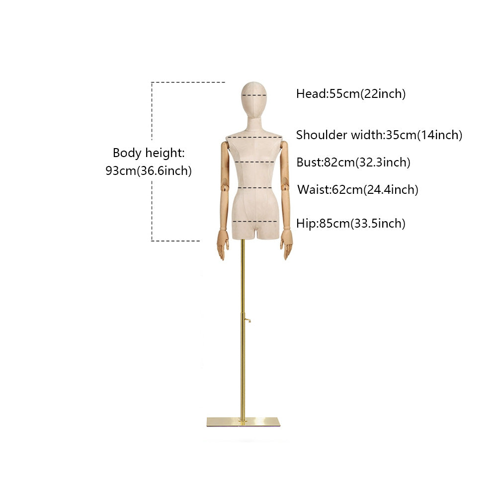 Female Half Body Mannequin with Gold Base,Detachable Head,Wooden Hands and Golden Adjustable Height Stand,Suede Female Mannequin Dress Form DL0061 De-Liang Dress Forms