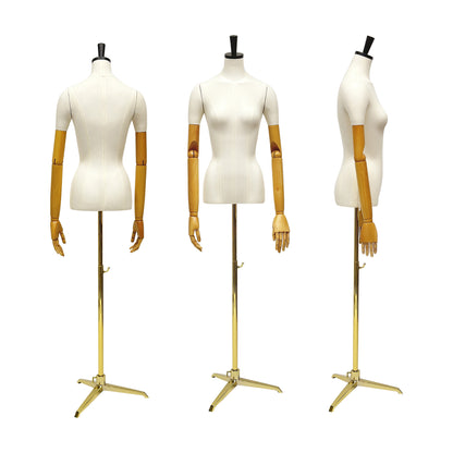 Dio Female Half Body Mannequin,White Cotton Display Dressform with Fabric Head Model for Fashion Cloth Display, W/Adjust Golden Tripod Base