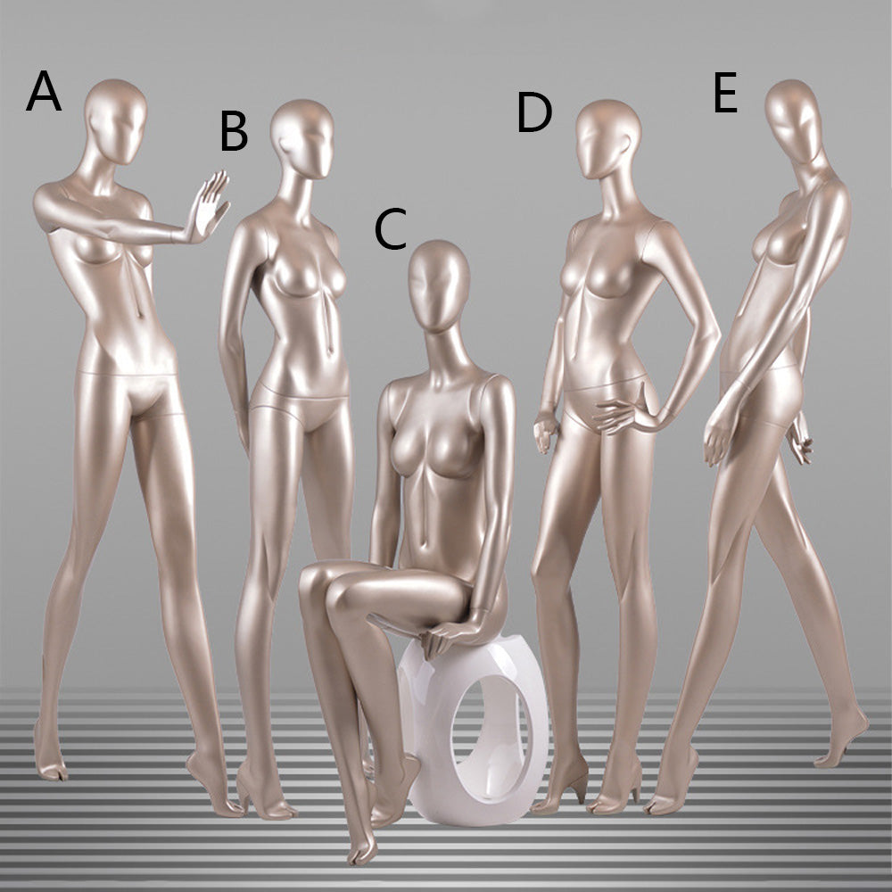 DE-LIANG Glossy Champagne Gold Female Full Body Mannequin Set – Abstract Head Fiberglass Display Model for Boutique Window, Clothing Store Dress Form Props, Standing & Sitting Fashion Mannequins