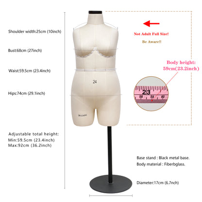 DE-LIANG Half Scale Dress Form,Miniature Sewing Half Size Mannequin,Woman 1：2 Mini Dressmaker Dummy, Female Half Size Tailor Mannequin for Pattern Draping, 1 pcs, Size 24(NOT ADULT FULL SIZE)