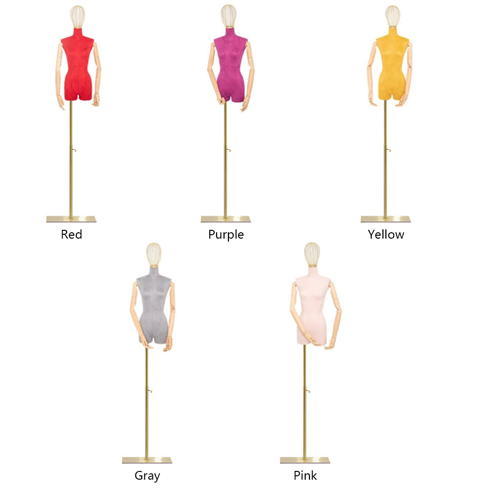 DE-LIANG Female Suede Mannequin With Golden Metal Head, Elegant Female Half Body Clothing Rack For Fashioin Store, Apparel Hanger Dummy DL0062
