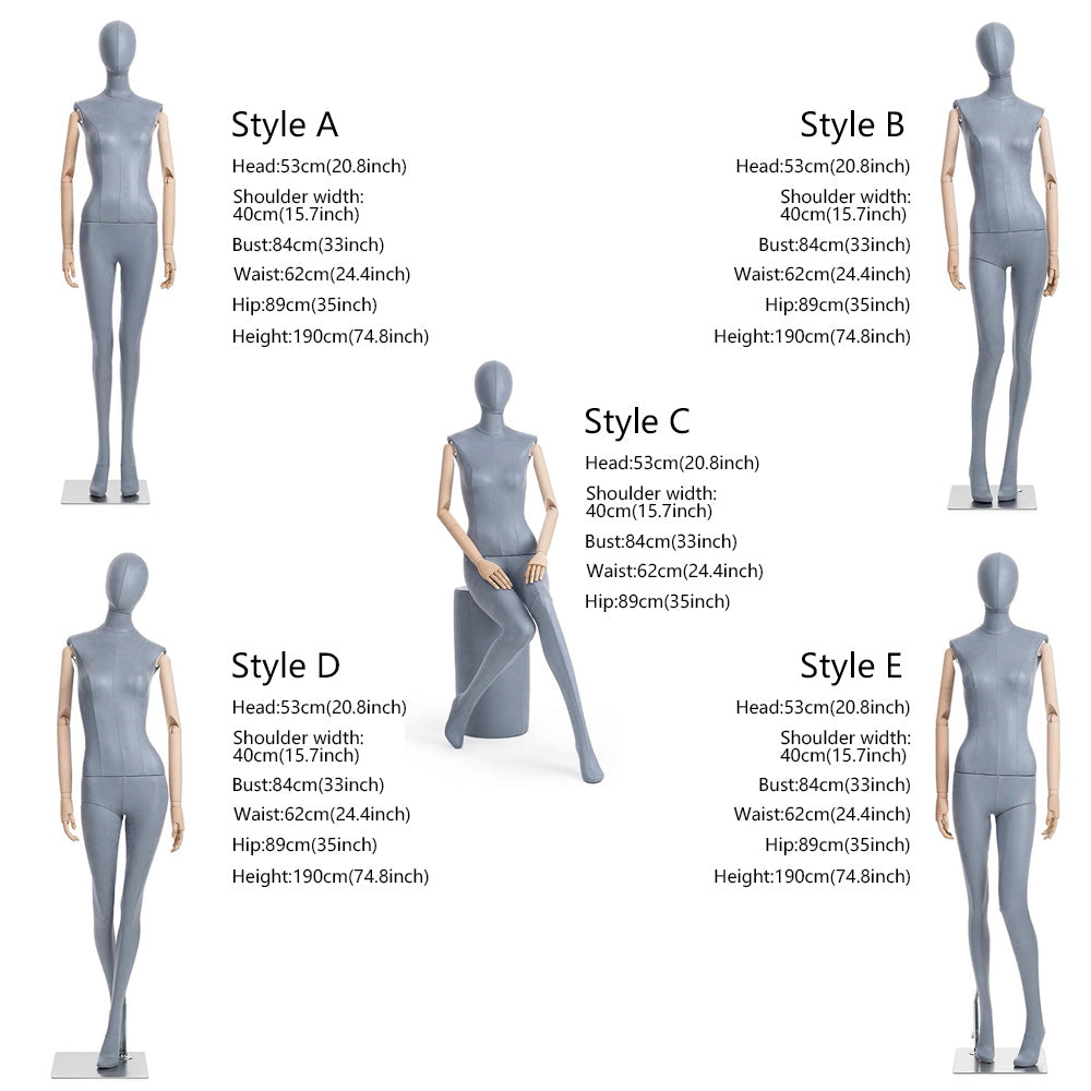 Grey Suede Female Full Body Mannequin with Wooden Arms