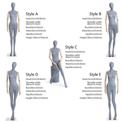 Grey Suede Female Full Body Mannequin with Wooden Arms