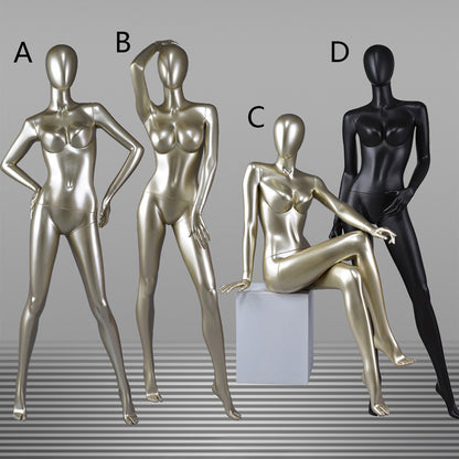 DE-LIANG Glossy Champagne Gold / Black Female Full Body Mannequin Set, Realistic Fiberglass Standing & Sitting Display Models for Clothing Stores, Window Fashion Display, Boutique Dress Form Props