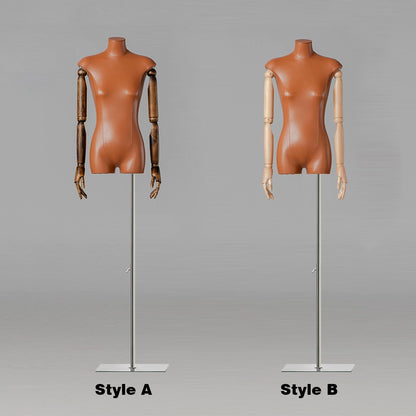 Luxury Female Half Body Mannequin,Fashion Leather Fabric Dress Form torso,Bust Model,Wooden Arm Head Dummy Female Body Clothing Display