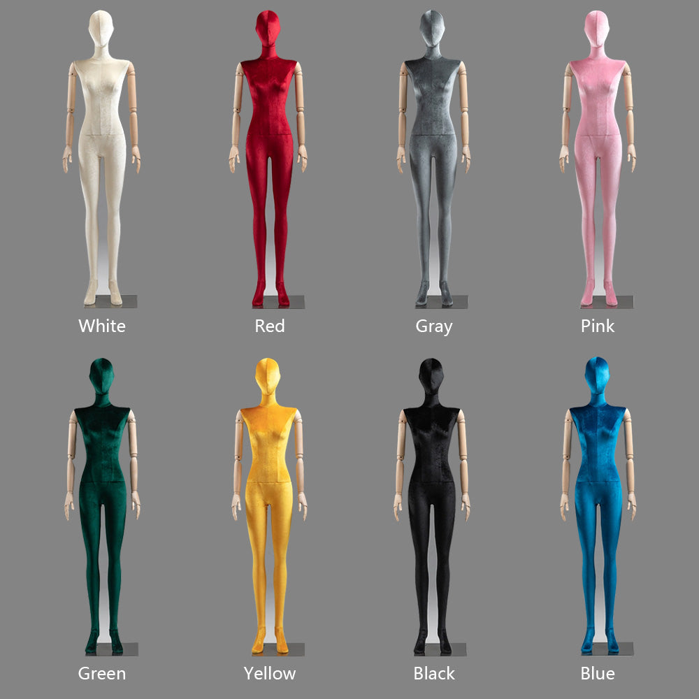 Female Full Body Mannequin In Stand,Colorful Velvet Fabric Display Dress form Model for Boutique Display, Manikin Torso with Wooden Arm DL0063 De-Liang Dress Forms