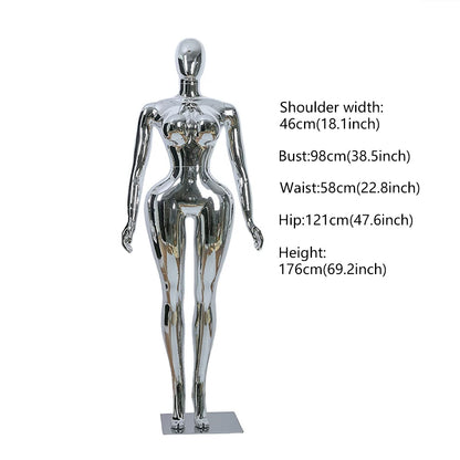 Professional Chrome Plated Female Mannequin - Full Body Dress Form Display Stand for Retail & Boutique
