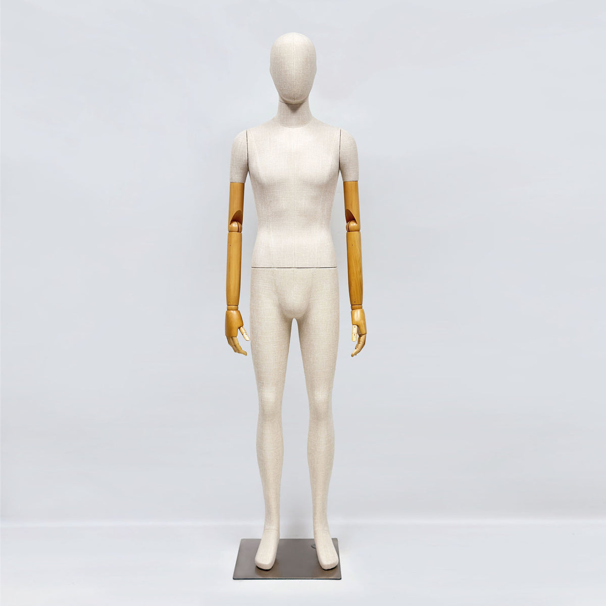 Professional male display mannequin with beige linen fabric covering