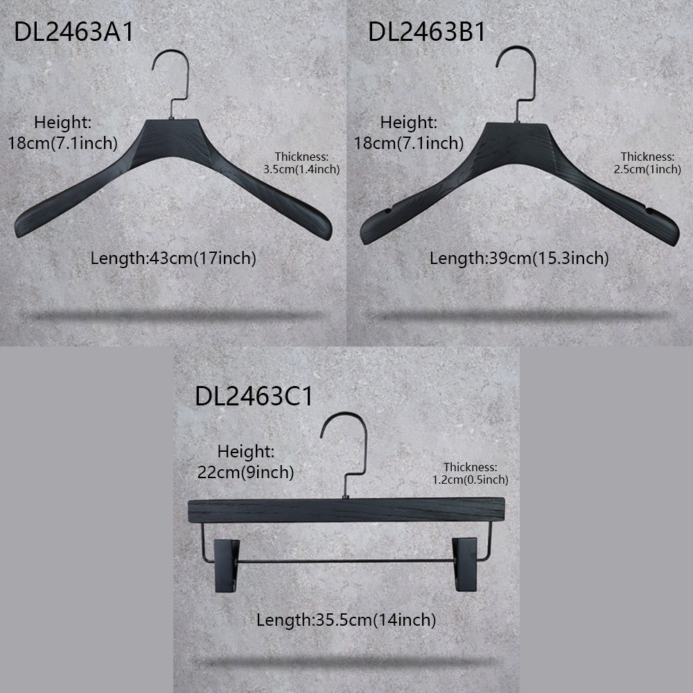 DE-LIANG Black Wooden Hanger With Aluminum Alloy Nameplate,Hand Brush Wood Grain Cloth Clip Pant Hanger,Can Customize Hanger Logo
