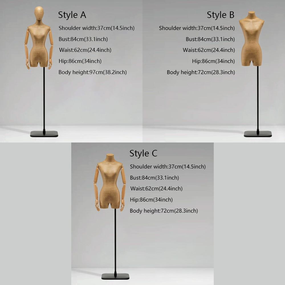 Female Half Body Mannequin, Clothing Display Model Body Stand,Paper Torso Dress Form,Wooden Arms and Base for Clothing/Dress Store Display,