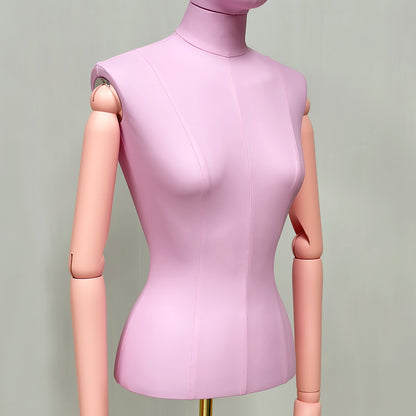 DE-LIANG Lilac Leather Female Half Body Mannequin with Arms & Gold Base – Luxury Dress Form Torso, Fiberglass Display Model for Boutique Clothing, Jewelry & Fashion Window Display