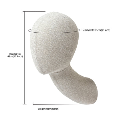 DE-LIANG Long Neck Wall Mount Mannequin Head in Bamboo Linen Fabric, Beige Foam Display Head with Hinge and Screws for Hats Wigs Scarves Jewelry
