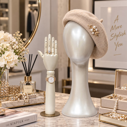 DE-LIANG Pearlescent Mannequin Head & Wooden Hand Display Set for Jewelry, Fashion & Retail