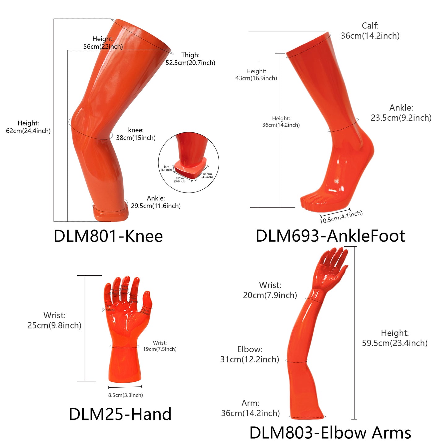 Maniquí masculino de alta calidad con protectores de manos, rodillas, piernas, tobillos y pies. Accesorios de exhibición de maniquí naranja para venta minorista, exhibición de zapatos y calcetines.