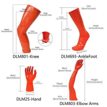 Maniquí masculino de alta calidad con protectores de manos, rodillas, piernas, tobillos y pies. Accesorios de exhibición de maniquí naranja para venta minorista, exhibición de zapatos y calcetines.