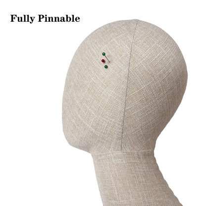 DE-LIANG Long Neck Wall Mount Mannequin Head in Bamboo Linen Fabric, Beige Foam Display Head with Hinge and Screws for Hats Wigs Scarves Jewelry