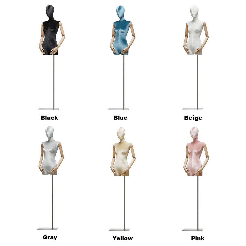 DE-LIANG Luxury Female Full Body Mannequin With Wooden Arms,Velvet Female Mannequin,Woman Dress Form Torso Model,Clothing Boutique Store Women Display Model Props