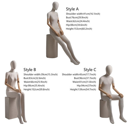 DE-LIANG Linen Full Body Mannequin: Sitting Display Form with Wooden Arms