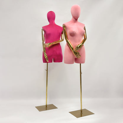 DE-LIANG Maniquí femenino de lujo de talla grande con brazos dorados, maniquí de torso de gamuza rosa, modelo de exhibición de torso de maniquí de talla grande