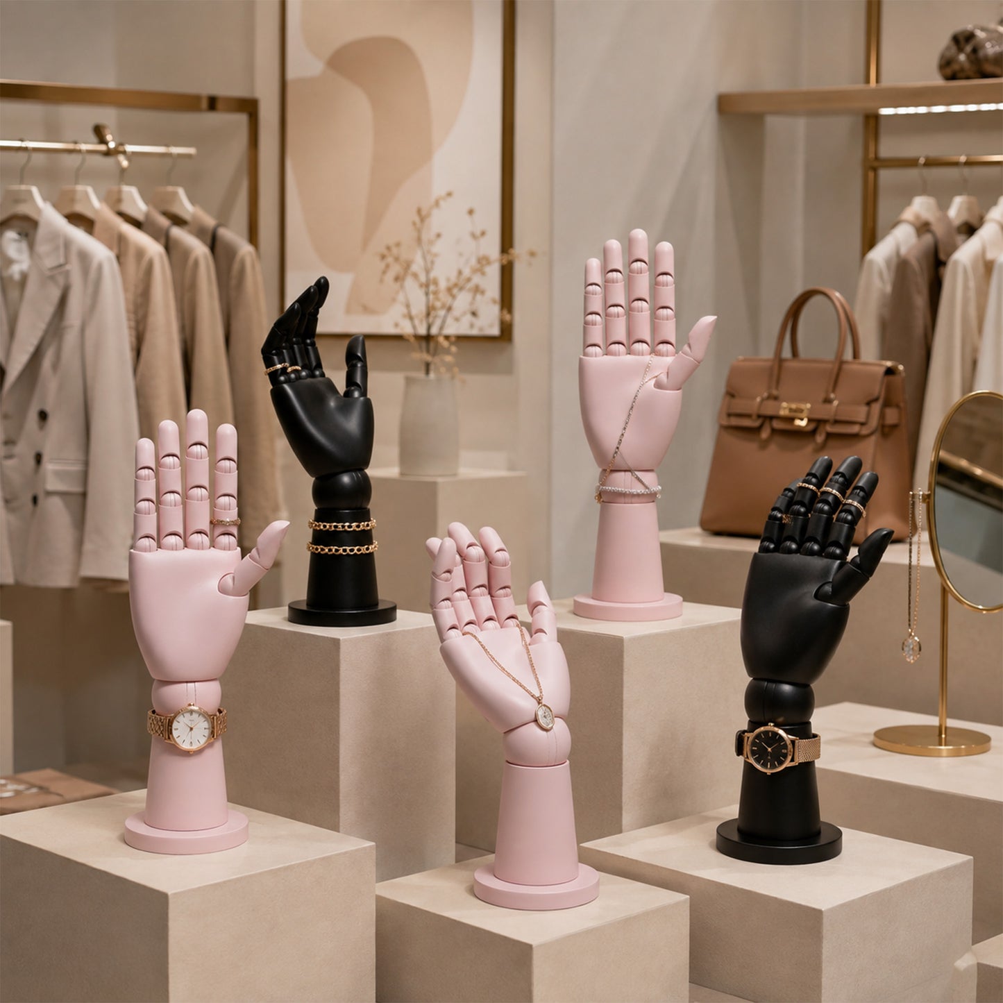 DE-LIANG Wall Mount Mannequin Hand, Mechanical Wood Jewelry Display Stand for Boutiques